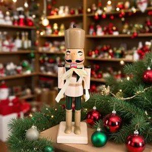 Handcrafted 25cm wooden Christmas nutcracker soldier figurine on a festive holiday background