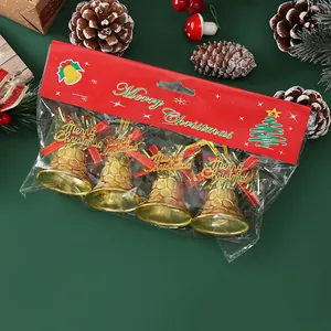Set of 4 festive gold Christmas bell ornaments with red ribbons in retail packaging