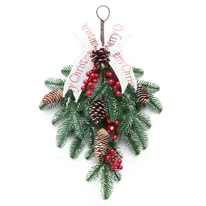 Christmas hanging teardrop swag with PE pine needles, red berries, and pine cones