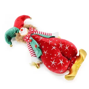 Detailed view of a handmade circus clown doll with resin face and starry red plush outfit