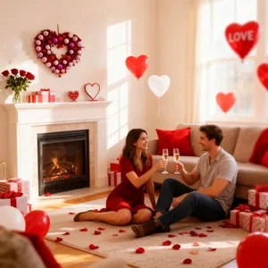Décoration de salon romantique avec couronne en cœur et couple célébrant la Saint-Valentin