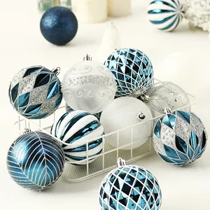 Festive set of blue white and silver Christmas ball ornaments with various patterns