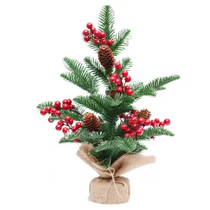 Künstlicher 42cm Mini-Weihnachtsbaum mit Kiefernzapfen roten Beeren und Sackleinen