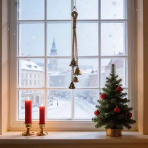 Vintage metal Christmas bells hanging on jute rope against a snowy window landscape
