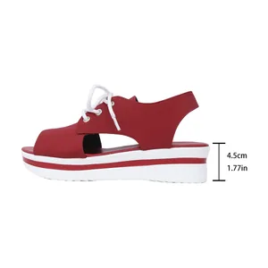Detail of platform peep-toe sandals showing a 4.5cm heel height with white laces.
