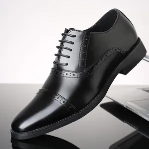 Classic black microfiber leather oxford dress shoes for men with elegant brogue detail