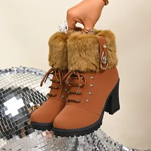 Stylish brown chunky heel ankle boots with warm faux fur trim and rhinestone detail.
