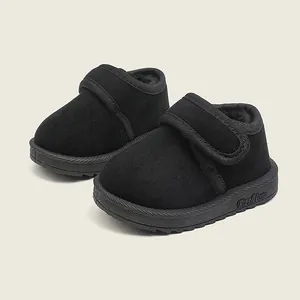 Black plush toddler snow boots with hook and loop strap and soft rubber sole