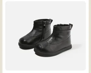 Botines clásicos de cuero negro para niños pequeños con cremallera lateral y forro