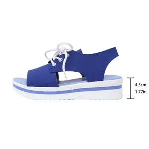 Detailed view of blue platform wedge sandal featuring 4.5cm heel height measurement annotation