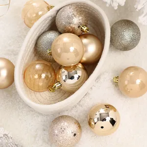 12-piece champagne gold Christmas baubles set with glitter and mirror finishes
