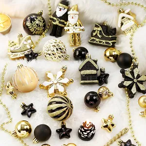 Kit de 50 décorations de Noël en noir et or avec boules de Noël peintes à la main.