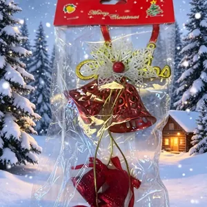 Festive red Christmas bell ornaments with Merry Christmas sign for holiday tree decoration