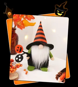 Handmade Halloween gnome plush doll with striped witch hat for party table decor