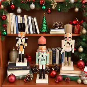 Three 25cm decorative wooden nutcracker soldiers on a festive Christmas shelf with ornaments