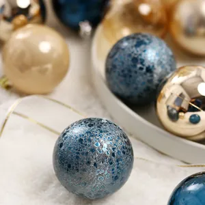 Set of 12 luxury hand-painted Christmas ball ornaments in blue and champagne gold finishes
