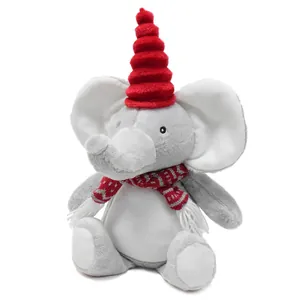 Cute gray elephant plush toy wearing a festive red hat and cozy patterned scarf