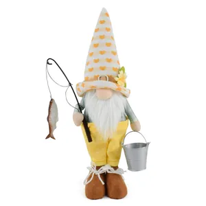 Detailed view of cute fishing gnome plush doll fisherman with rod and metal bucket
