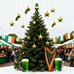 St. Patrick's Day Leprechaun und Stern-Anhänger an einem Baum auf einem festlichen Markt