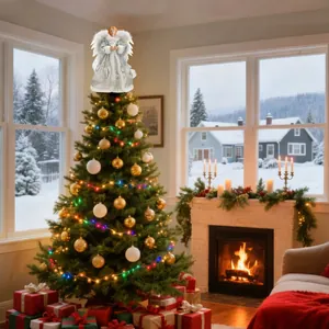 Eleganter weiß-silberner Engel als Christbaumspitze auf einem festlichen Weihnachtsbaum