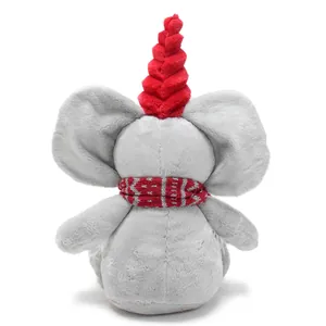 Detailed back view of a soft grey elephant plush toy featuring a red horn and scarf.