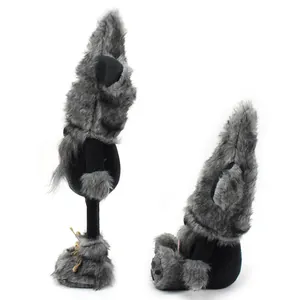 Side profile view of cute grey and black furry dog gnome plush dolls for home decoration