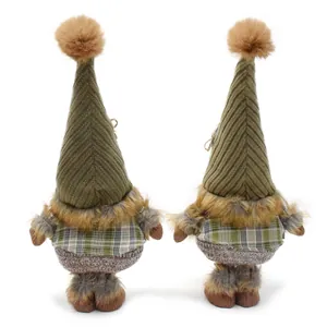 Back view detail of two Nordic forest gnome plush dolls with green plaid shirts