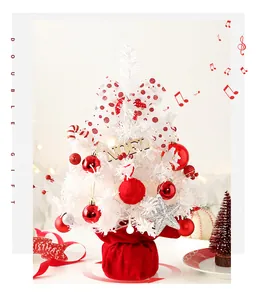 Mini white Christmas tree music box with red ornaments and rotating base decor