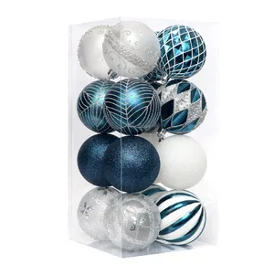 12pcs Christmas ornament set with blue, white, and silver painted decorative balls