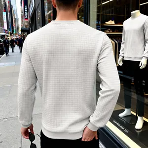Back view of men's crew neck sweatshirt showing detailed checkered fabric texture
