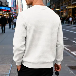 Detailed back view of men's white casual crewneck sweatshirt with waffle grid texture