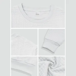 Detail of white men's pullover sweatshirt showing the waffle grid texture and ribbed cuff