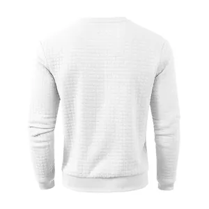 Detail view showing the back of a men's white sweatshirt with square grid texture