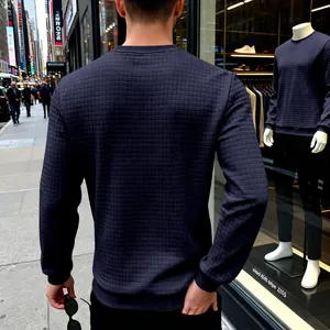 Detailed close-up showing the back texture of navy blue men's crewneck sweatshirt