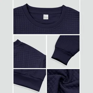 Detail view of men's navy blue crewneck sweatshirt with quilted grid texture