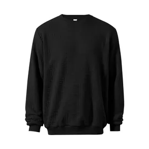 Detailed view of the waffle-textured black crewneck sweatshirt for men's casual wear.
