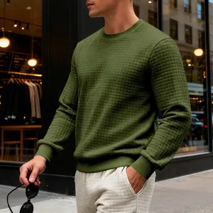 Detail of olive green men's long sleeve sweatshirt with unique square grid texture pattern