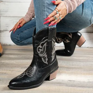 Detailed view of black Western cowboy boots featuring white embroidery and a wooden chunky heel.