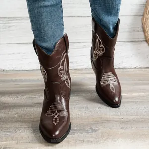 Vintage brown embroidered Western cowboy boots featuring pointed toe and block heel