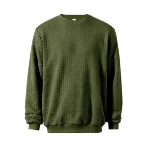 Olive green men's crew neck sweatshirt featuring a small square grid quilted texture
