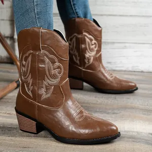 Detailed view of brown embroidered western cowboy boots with pointed toe and chunky heel