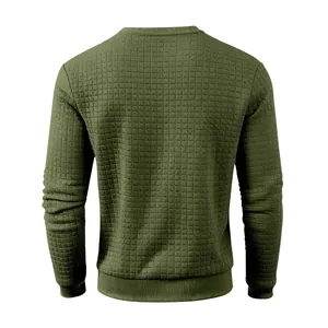 Men's olive green casual crewneck sweatshirt with quilted grid texture back view detail