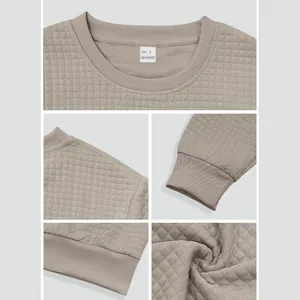Detailed macro shots of men's crew neck sweatshirt with waffle grid texture and collar tag