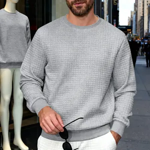 Detail view of men's gray casual sweatshirt with a unique square waffle texture.