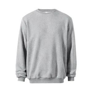 Detailed view of grey waffle texture crewneck sweatshirt for men casual pullover