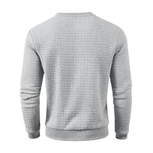 Back view of grey men's crewneck sweatshirt with small grid textured fabric detail