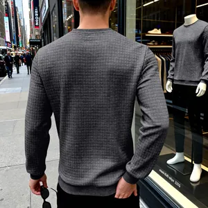 Back view of men's grey round neck sweatshirt showing detailed waffle square texture