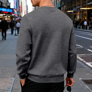 Detailed back view showing small grid texture of men's grey crew neck sweatshirt