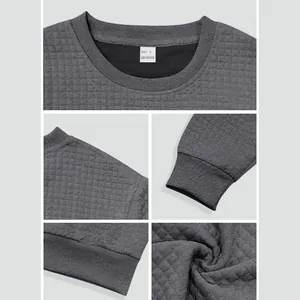 Detail shots of men's sweatshirt showing round neck, cuff, hem and grid texture.