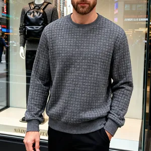 Macro detail of men's grey sweatshirt showing intricate waffle knit texture and crew neck